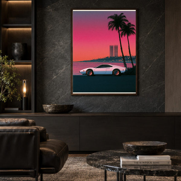 Synthwave Poster Sportwagen – Retro Kunstdruck in Neon Pink und Blau