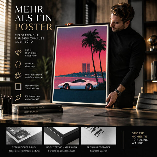 Synthwave Poster Sportwagen – Retro Kunstdruck in Neon Pink und Blau
