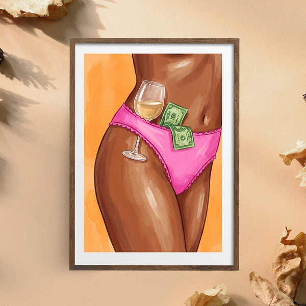 Champagne Money Poster – frecher Illustration Kunstdruck in Orange und Pink