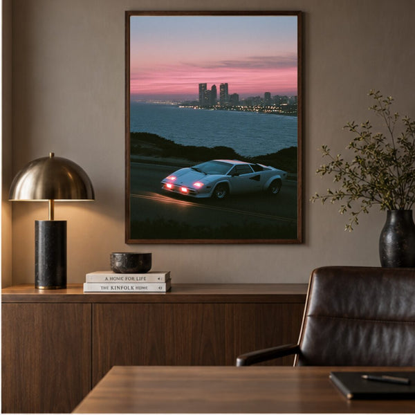 Retro Sportwagen Poster Sunset – Kunstdruck in Rosa und Blau