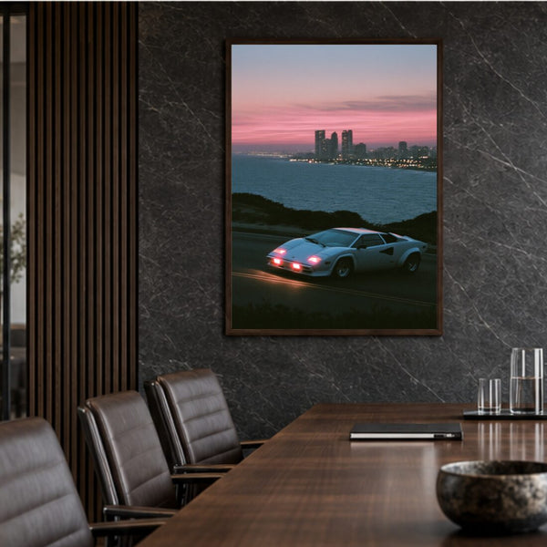 Retro Sportwagen Poster Sunset – Kunstdruck in Rosa und Blau