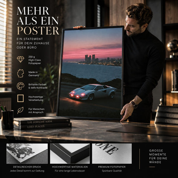 Retro Sportwagen Poster Sunset – Kunstdruck in Rosa und Blau
