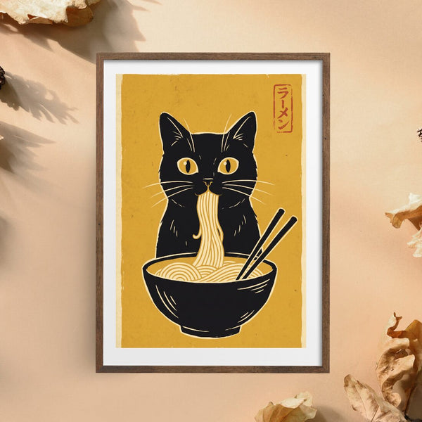 Katze Ramen Poster – Japandi Kunstdruck in Senfgelb