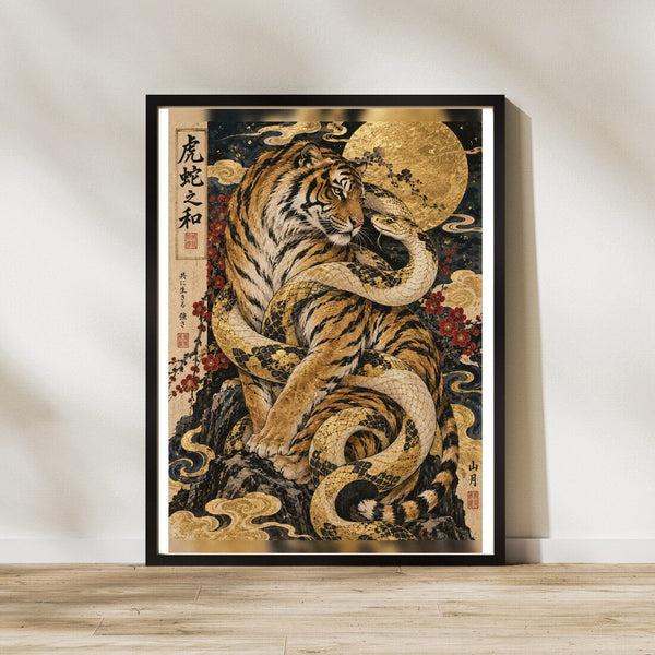 Tiger und Schlange – Japanisches Poster in Gold & Ocker