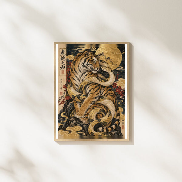 Tiger und Schlange – Japanisches Poster in Gold & Ocker