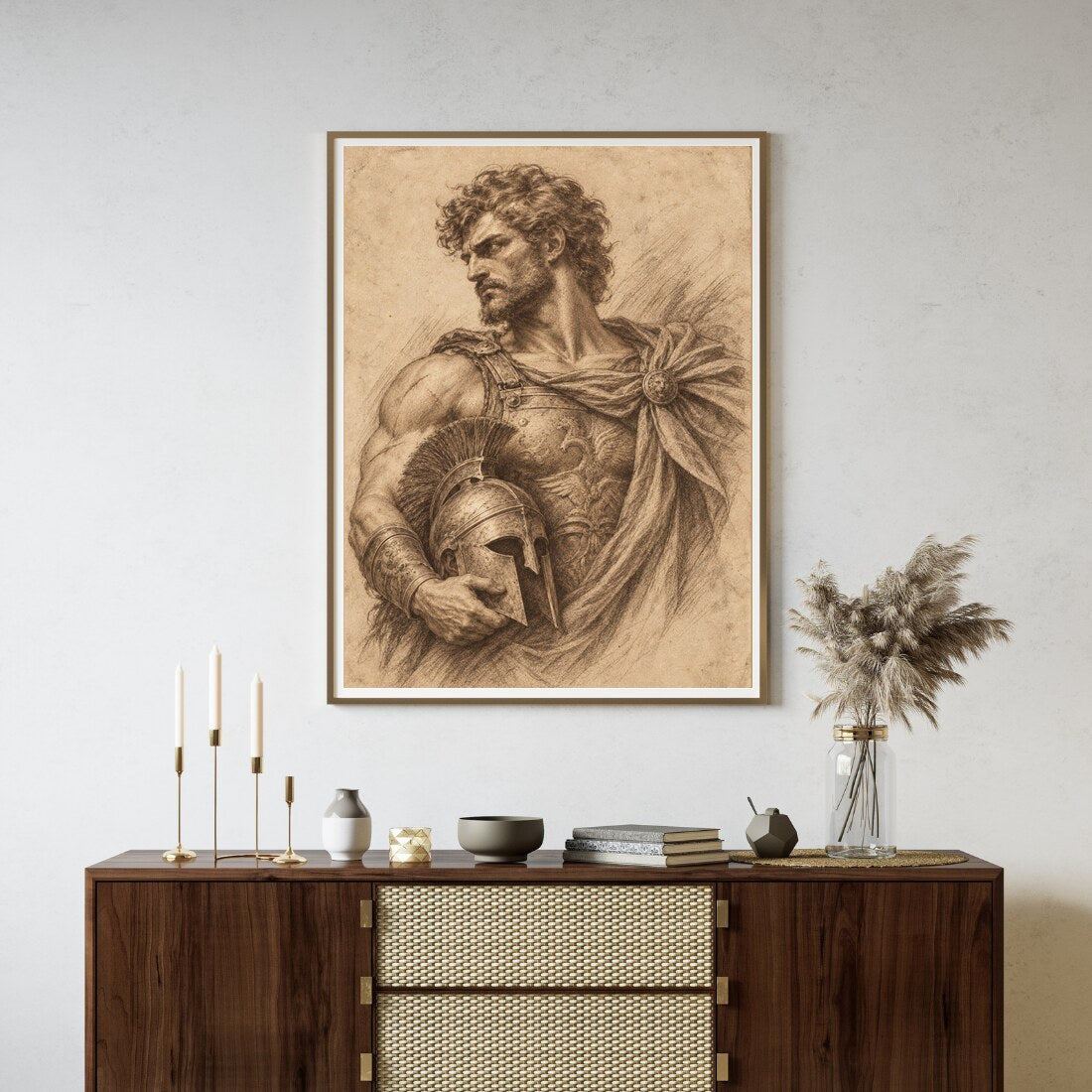 Der Krieger – Antikes Porträt Poster in Sepia an der Wand
