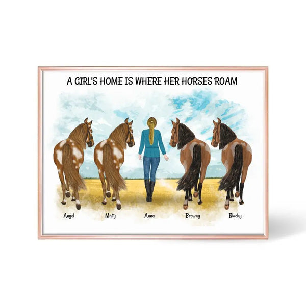 Frau mit Pferden 1 bis 4 - personalisiertes Clipart Poster Personalisiert mit Namen - MyMagicMemory DE