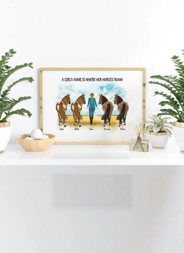 Frau mit Pferden 1 bis 4 - personalisiertes Clipart Poster Personalisiert mit Namen - MyMagicMemory DE