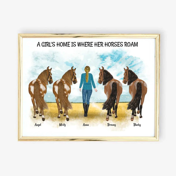 Frau mit Pferden 1 bis 4 - personalisiertes Clipart Poster Personalisiert mit Namen - MyMagicMemory DE