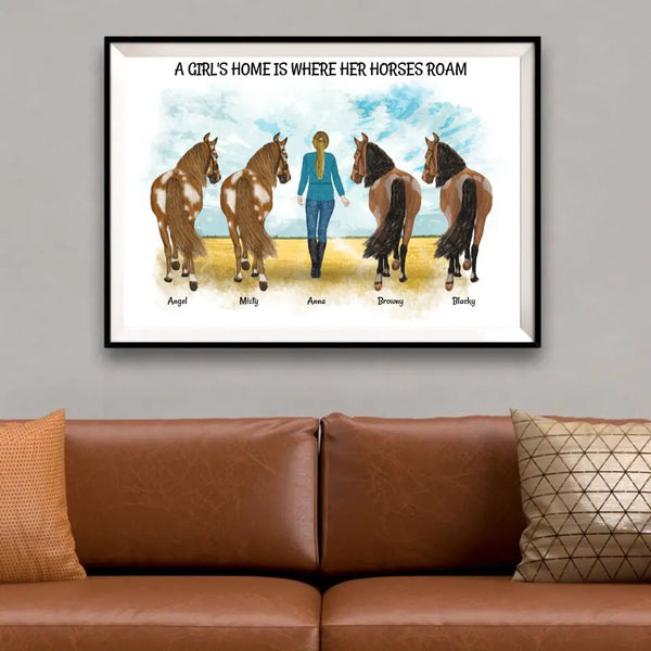 Frau mit Pferden 1 bis 4 - personalisiertes Clipart Poster Personalisiert mit Namen - MyMagicMemory DE