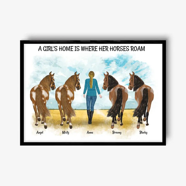 Frau mit Pferden 1 bis 4 - personalisiertes Clipart Poster Personalisiert mit Namen - MyMagicMemory DE