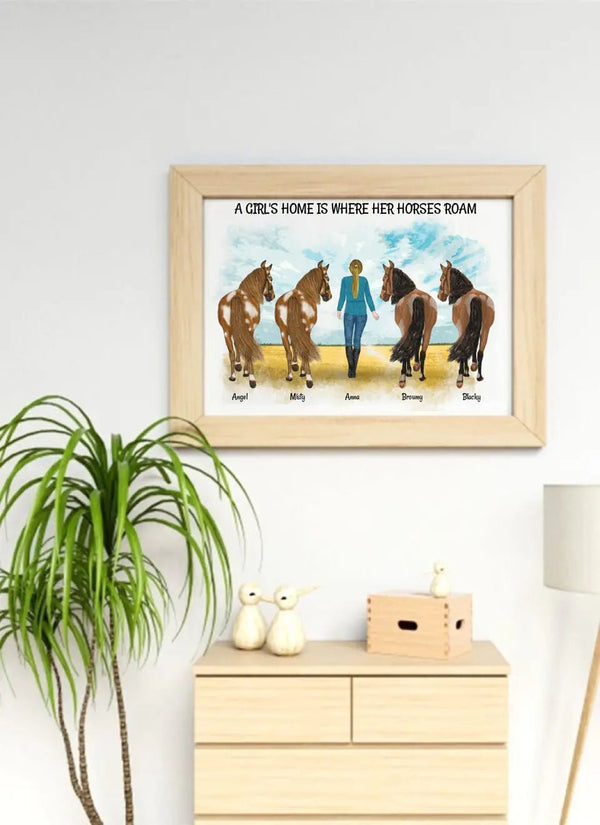 Frau mit Pferden 1 bis 4 - personalisiertes Clipart Poster Personalisiert mit Namen - MyMagicMemory DE