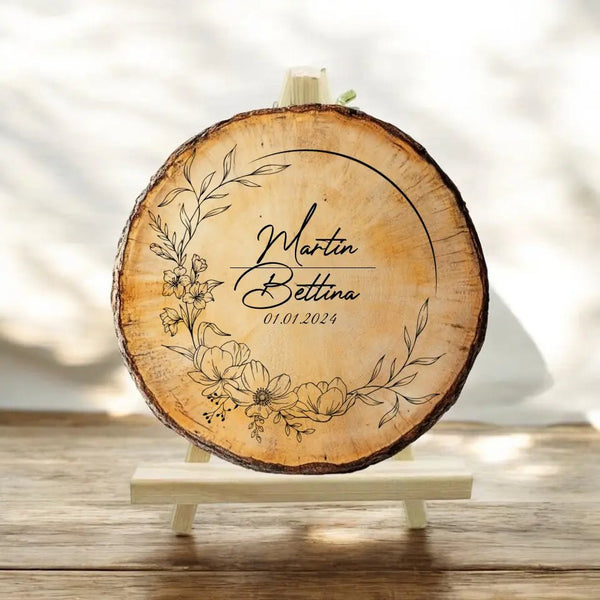 Kranz Baumscheibe Graviert mit Namen und Datum mit Gravur - Hochzeit - Jahrestag - Verlobung - Andenken - MyMagicMemory DE