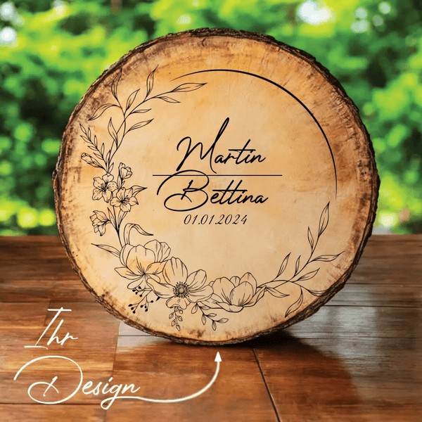Kranz Baumscheibe Graviert mit Namen und Datum mit Gravur - Hochzeit - Jahrestag - Verlobung - Andenken - MyMagicMemory DE