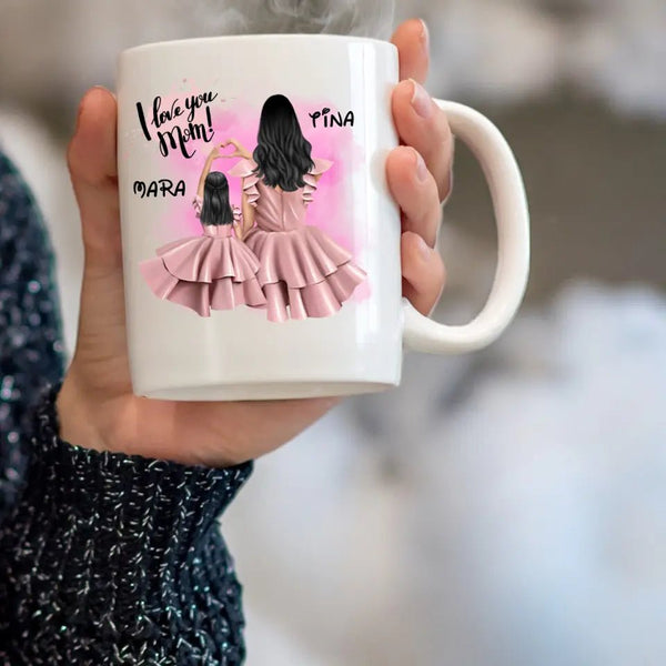 Mutter & Tochter Herz Clipart Tasse Personalisiert mit Namen - MyMagicMemory DE