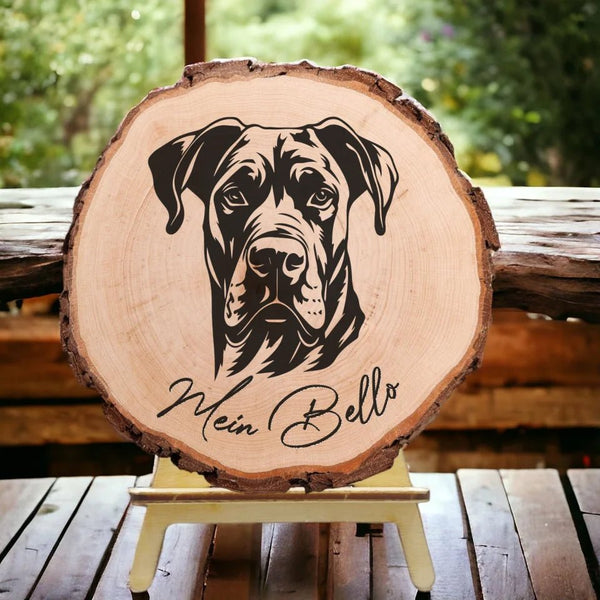 Personalisierte Hunde Kunstwerk auf Holz mit Widmung auf einer Baumscheibe - Erinnerung - Andenken - Schild mit Gravur in 6 Größen - MyMagicMemory DE