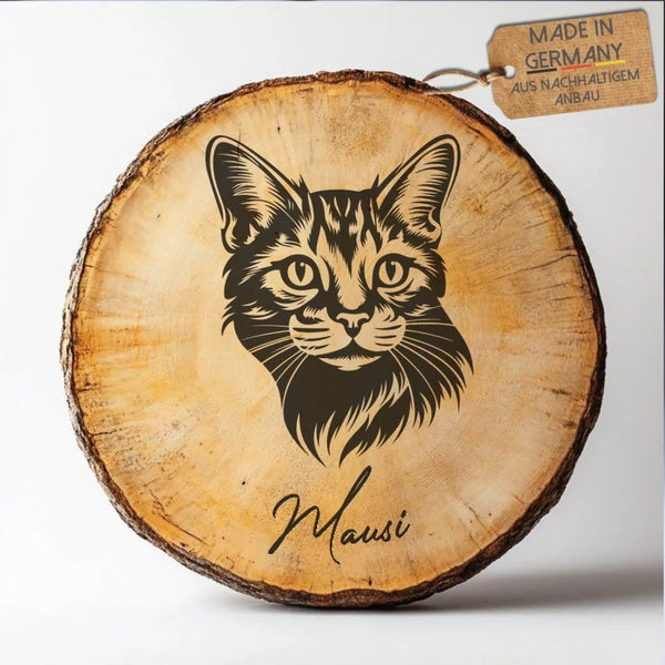 Personalisierte Katze Holz Kunstwerk mit Widmung auf einer Baumscheibe - Erinnerung - Andenken - Schild mit Gravur in 6 Größen - MyMagicMemory DE