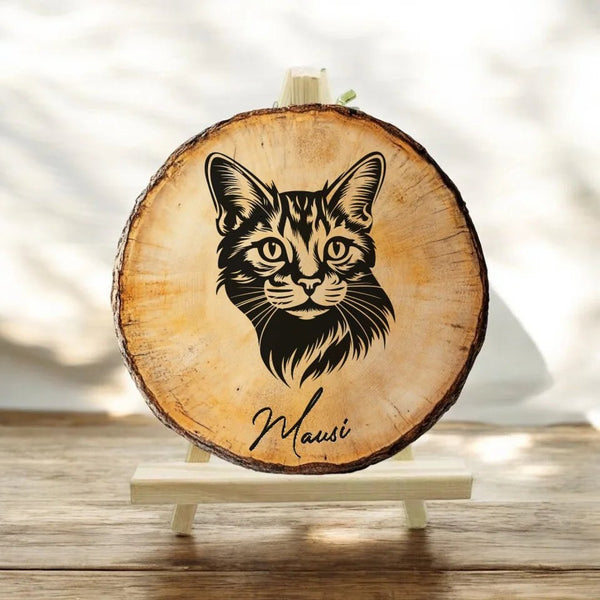 Personalisierte Katze Holz Kunstwerk mit Widmung auf einer Baumscheibe - Erinnerung - Andenken - Schild mit Gravur in 6 Größen - MyMagicMemory DE