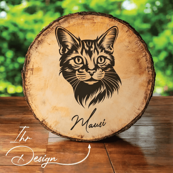 Personalisierte Katze Holz Kunstwerk mit Widmung auf einer Baumscheibe - Erinnerung - Andenken - Schild mit Gravur in 6 Größen - MyMagicMemory DE