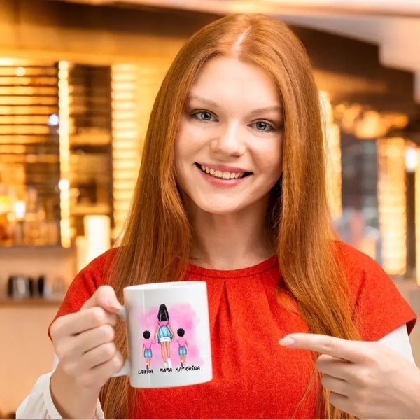 Personalisierte Mama mit zwei Kindern Hand in Hand Clipart Tasse Personalisiert mit Namen (Junge/Mädchen) - MyMagicMemory DE