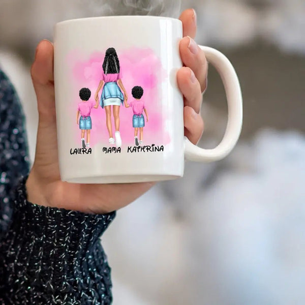 Personalisierte Mama mit zwei Kindern Hand in Hand Clipart Tasse Personalisiert mit Namen (Junge/Mädchen) - MyMagicMemory DE
