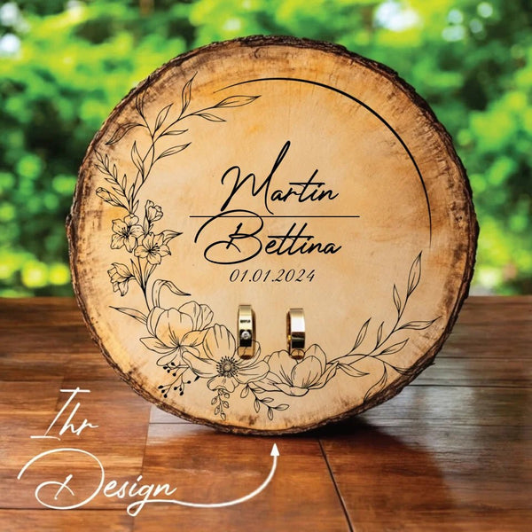Ringkissen aus echt Holz Baumscheibe personalisiert mit Namen und Datum Graviert Trauringkissen für Hochzeit in 3 Größen - MyMagicMemory DE