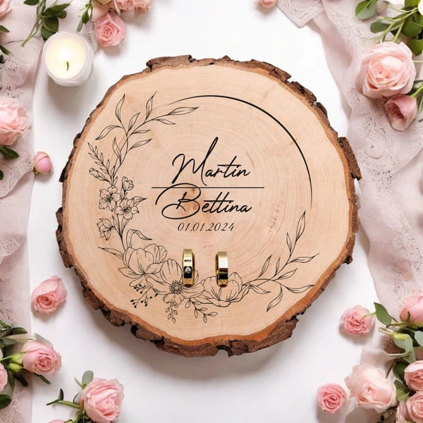 Ringkissen aus echt Holz Baumscheibe personalisiert mit Namen und Datum Graviert Trauringkissen für Hochzeit in 3 Größen - MyMagicMemory DE