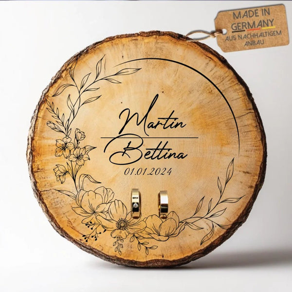 Ringkissen aus echt Holz Baumscheibe personalisiert mit Namen und Datum Graviert Trauringkissen für Hochzeit in 3 Größen - MyMagicMemory DE
