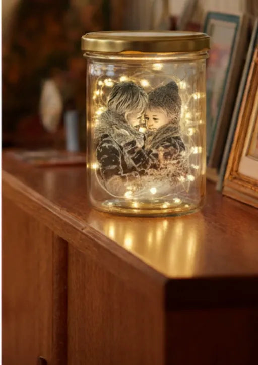 Glaslicht mit Fotogravur und goldfarbenem Deckel