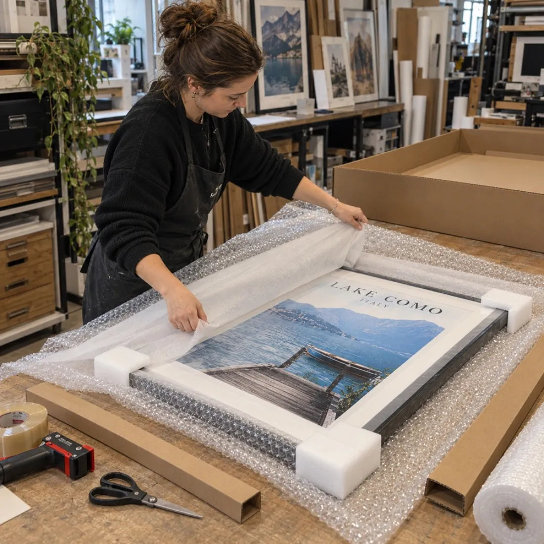 In unserer Werkstatt wird ein gerahmtes Poster sicher verpackt