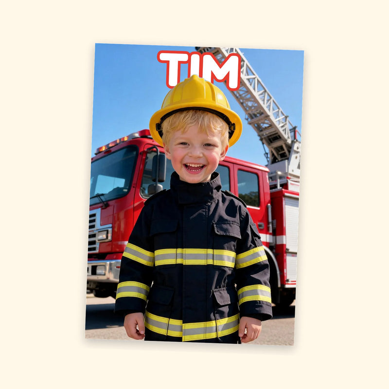 Heldenposter mit Namen: Kind als Feuerwehrmann, Name TIM hinter dem Kind