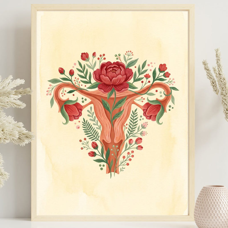 Blumen Poster Weiblichkeit – floraler Kunstdruck in Rot und Grün