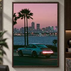 Golden Time – Sportwagen Poster mit Palmen in Pink