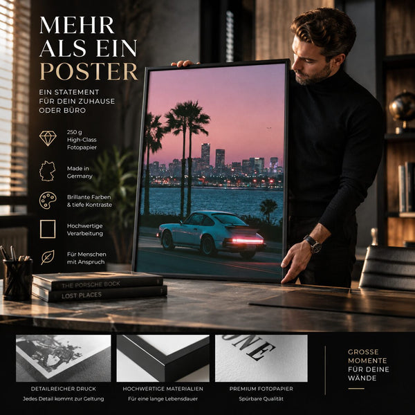 Sportwagen Poster Sunset – Retro Kunstdruck mit Palmen in Pink
