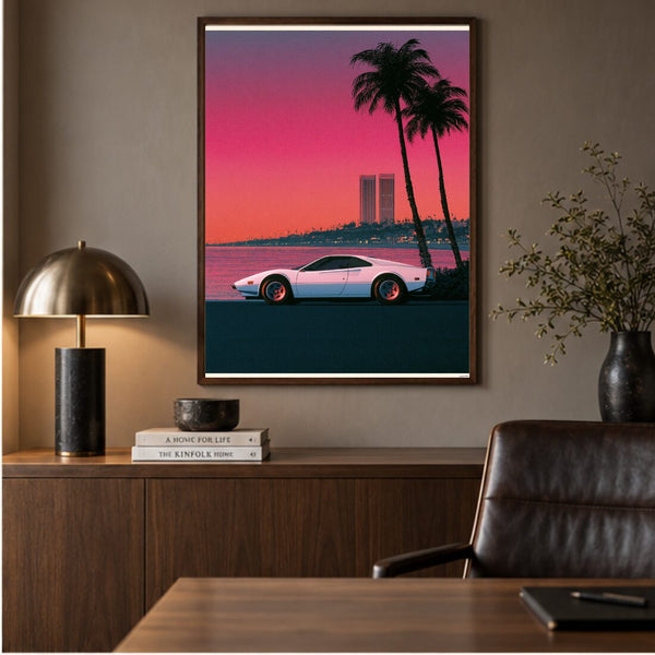 Synthwave Poster Sportwagen – Retro Kunstdruck in Neon Pink und Blau