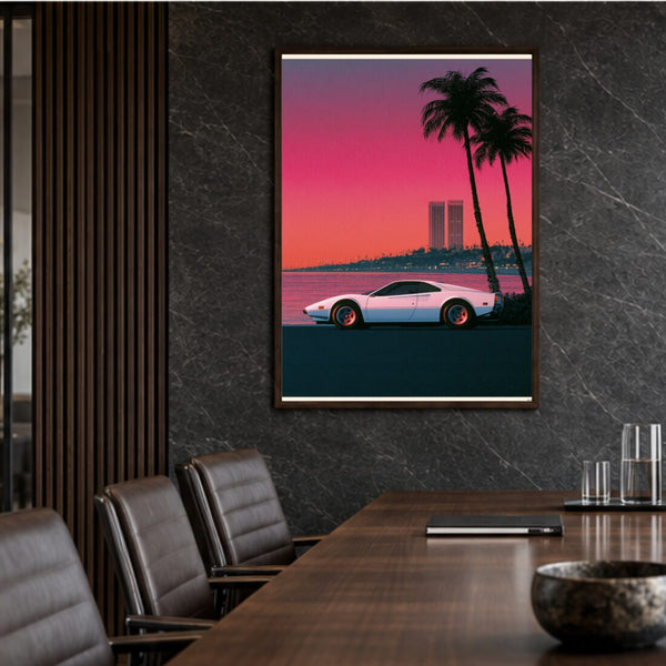 Synthwave Poster Sportwagen – Retro Kunstdruck in Neon Pink und Blau