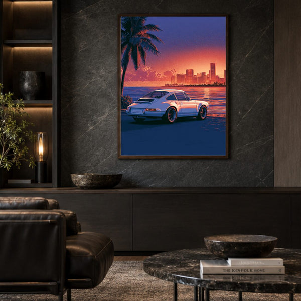 Sportwagen Poster am Strand – Sunset Kunstdruck in Lila und Orange