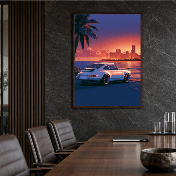 Sportwagen Poster am Strand – Sunset Kunstdruck in Lila und Orange