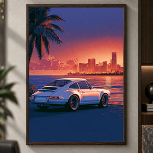 Sportwagen Poster am Strand – Sunset Kunstdruck in Lila und Orange