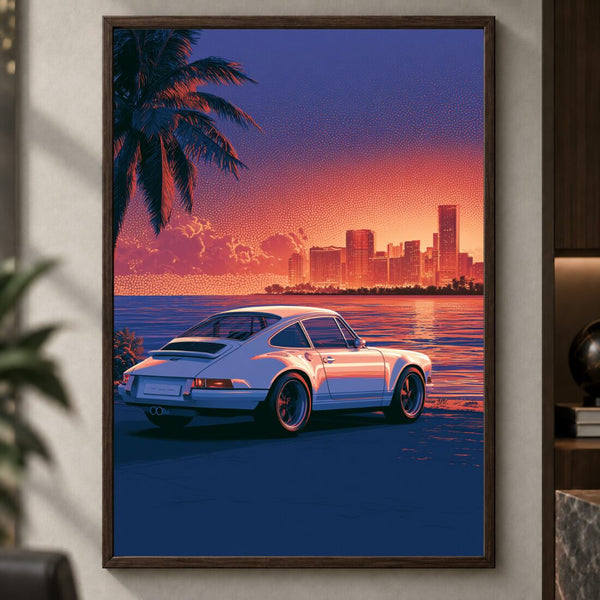 Sportwagen Poster am Strand – Sunset Kunstdruck in Lila und Orange