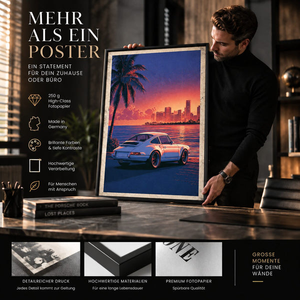 Sportwagen Poster am Strand – Sunset Kunstdruck in Lila und Orange