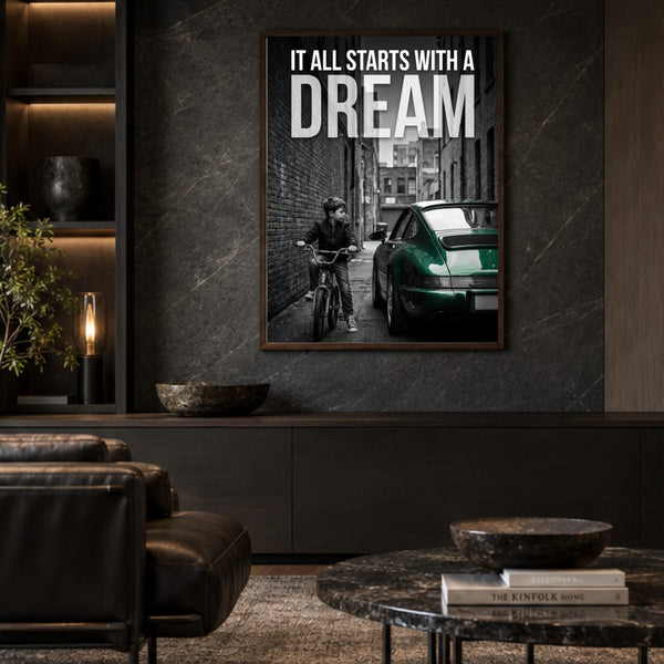 It All Starts With A Dream Poster – Motivation Kunstdruck in Schwarz Weiß