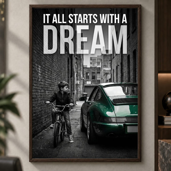 It All Starts With A Dream Poster – Motivation Kunstdruck in Schwarz Weiß