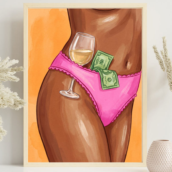 Champagne Money Poster – frecher Illustration Kunstdruck in Orange und Pink