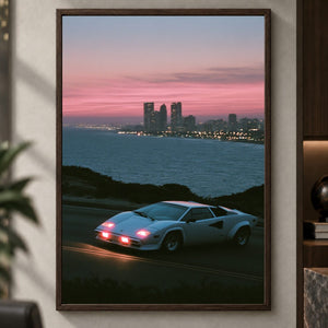 Retro Sportwagen Poster Sunset – Kunstdruck in Rosa und Blau