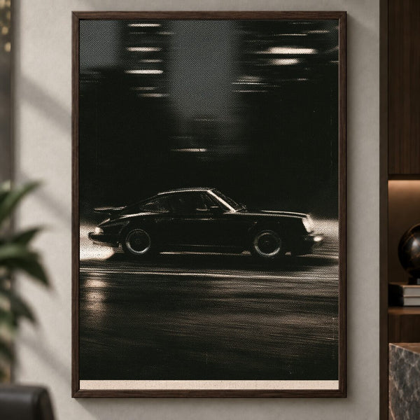 Sportwagen Poster Nacht – Schwarz Weiß Kunstdruck mit Bewegung