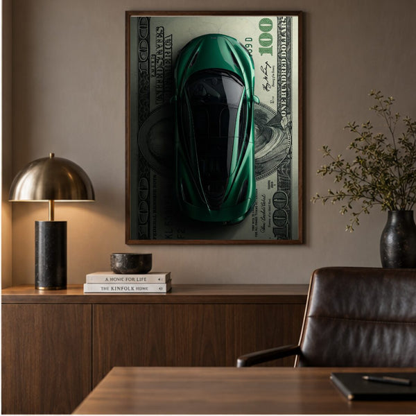 Sportwagen Poster Dollar – Luxus Kunstdruck in Grün fürs Büro