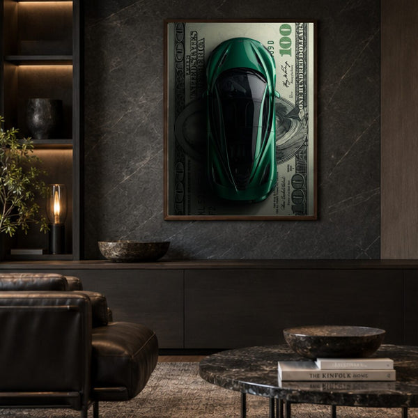Sportwagen Poster Dollar – Luxus Kunstdruck in Grün fürs Büro