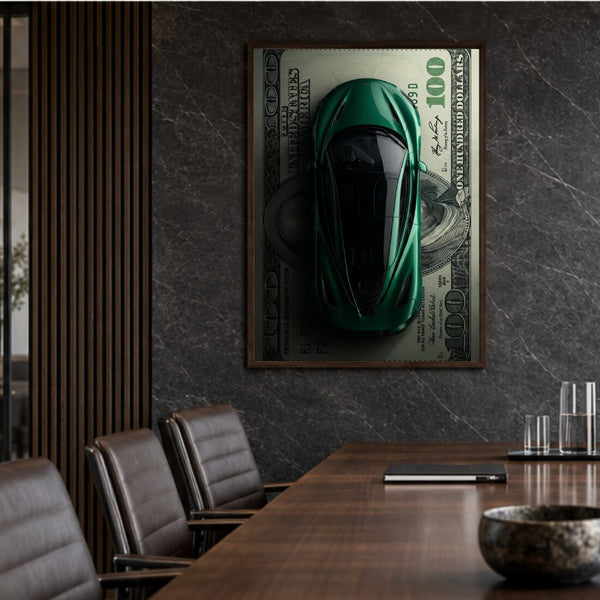 Sportwagen Poster Dollar – Luxus Kunstdruck in Grün fürs Büro