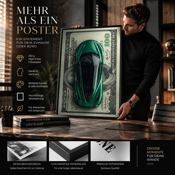 Sportwagen Poster Dollar – Luxus Kunstdruck in Grün fürs Büro
